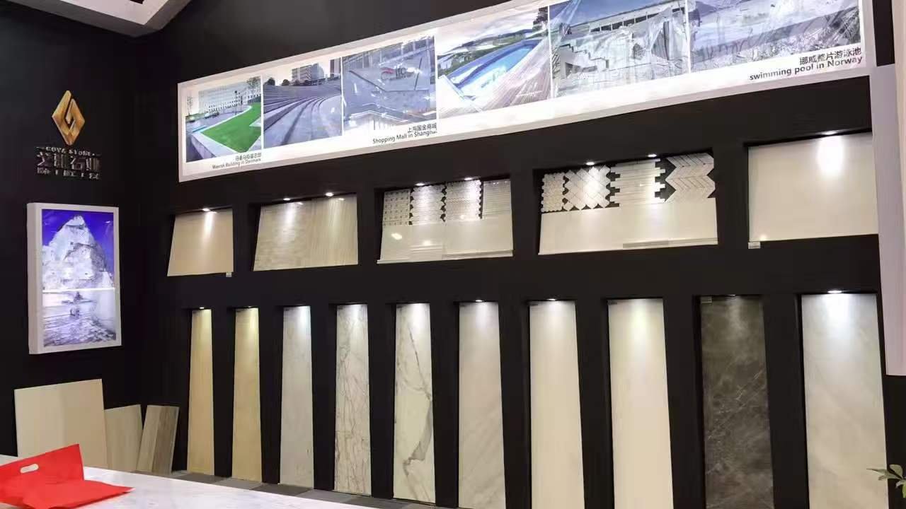 Engineered marble slab samples displayed at stone exhibition